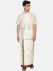Men Artsilk Half Sleeve Shirt and Contrast Border Pocket Dhoti Set
