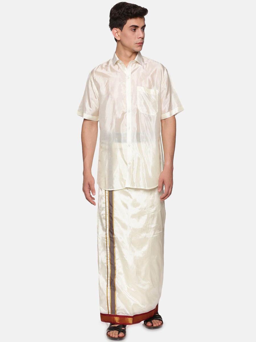 Men Artsilk Half Sleeve Shirt and Contrast Border Pocket Dhoti Set