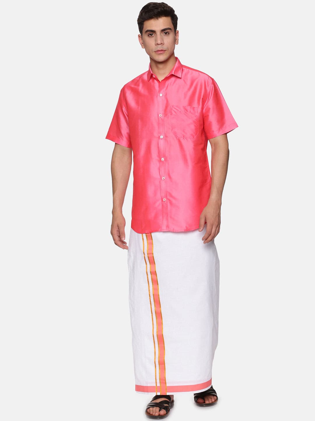 Men Solid Coral Colour Half Sleeve Shirt Pocket Dhoti Set