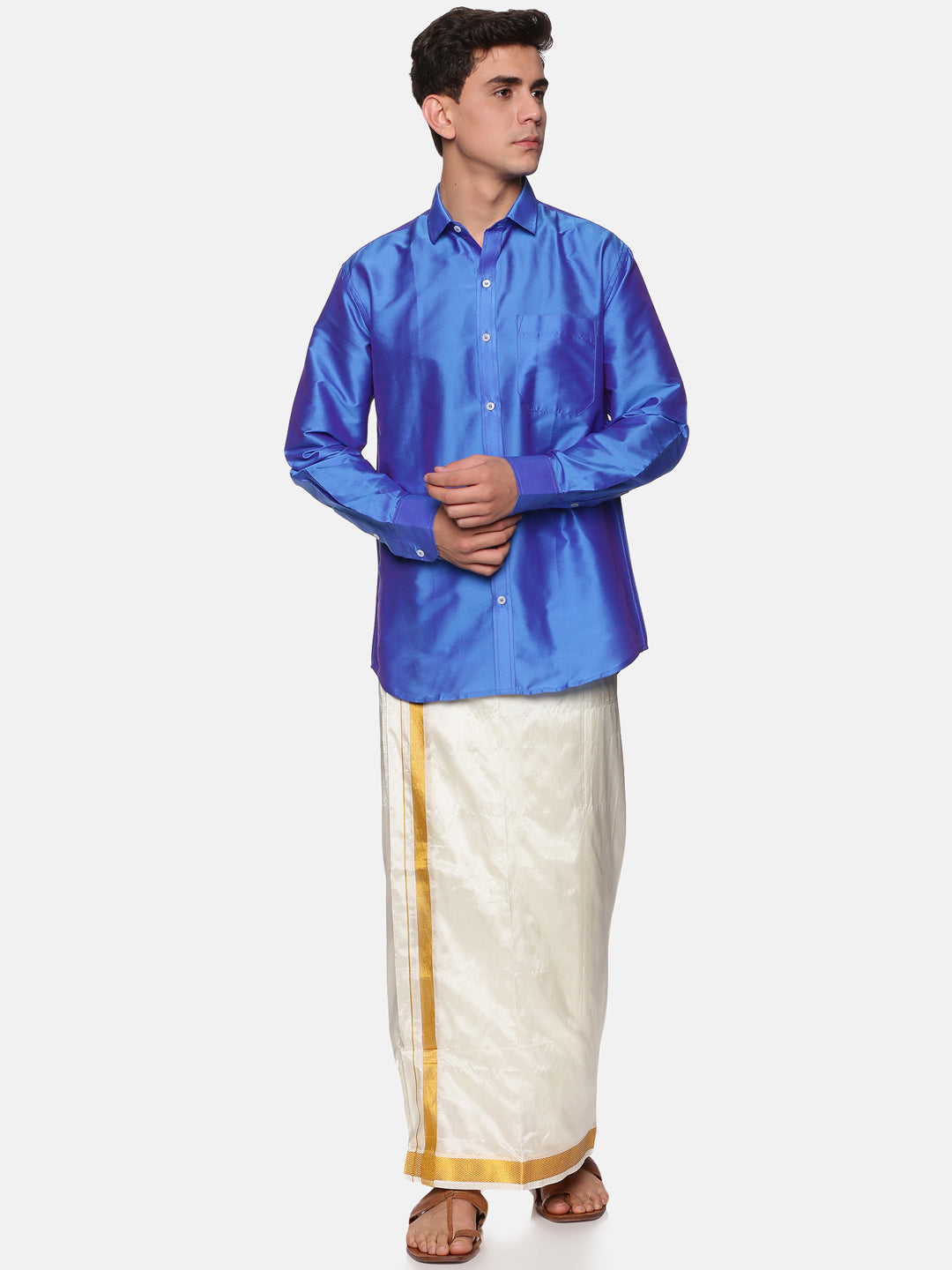 Men Solid Colour Full Sleeve Shirt Pocket Dhoti Set