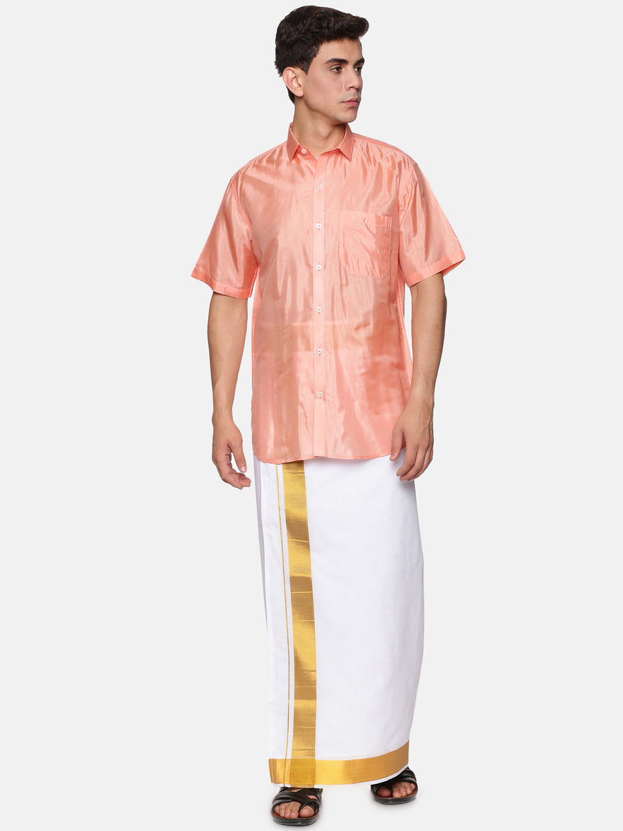 Mens Art Silk Peach Shirt With White Dhoti And Angavastram.