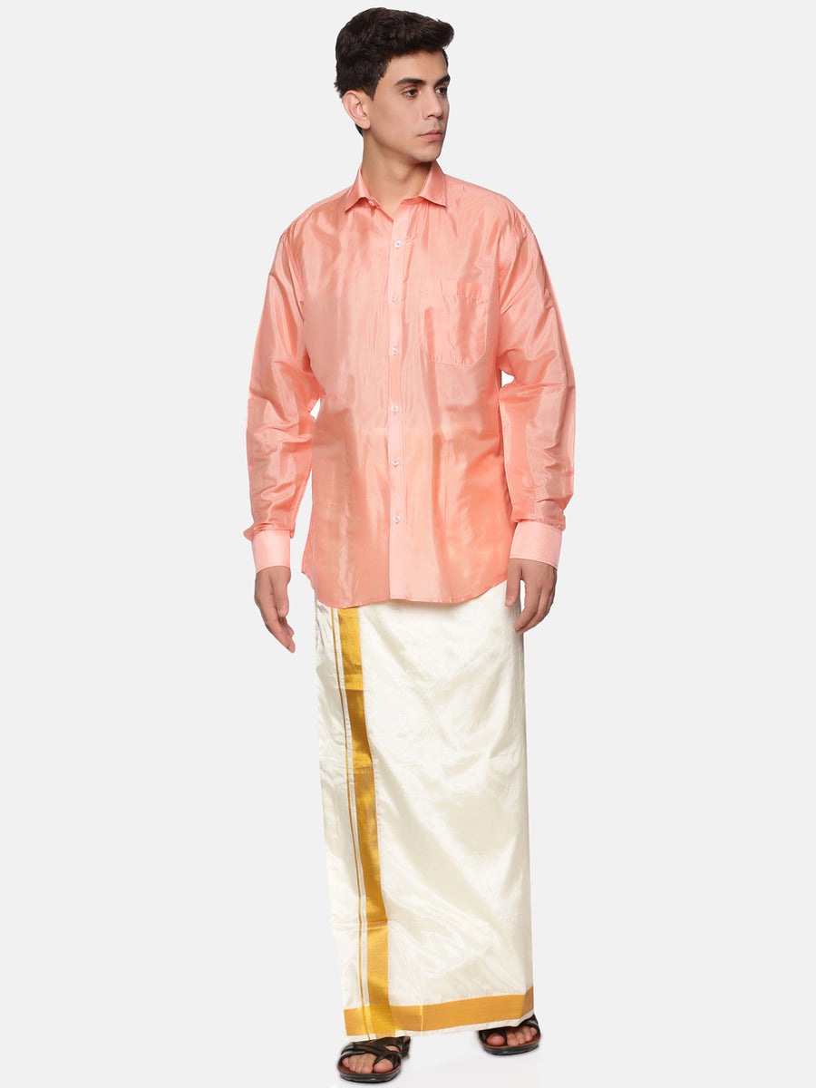 Men Full Sleeve Shirt and Cream Colour Pocket Dhoti Angavastram Set