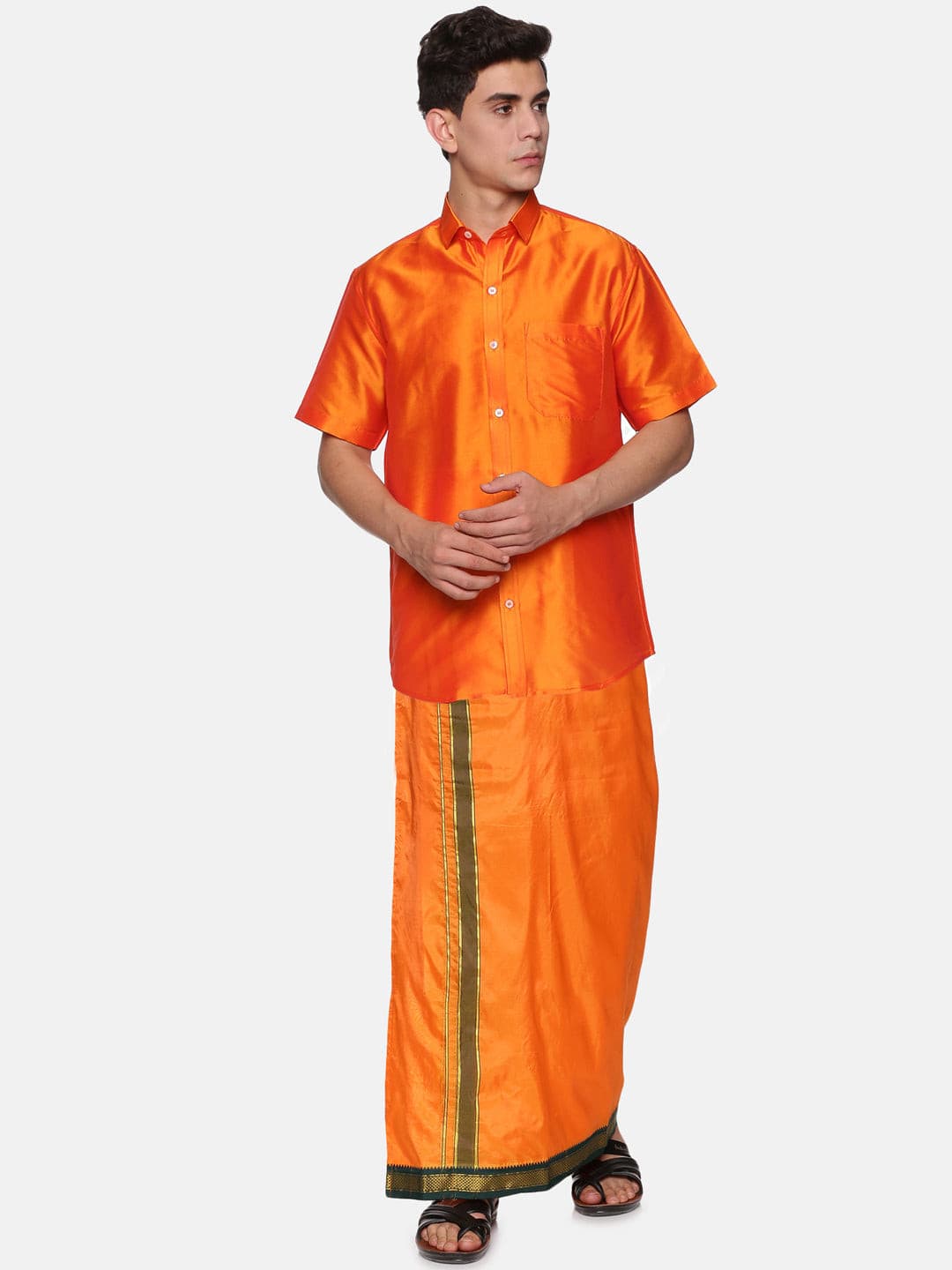 Men Solid Orange Colour Half Sleeve Shirt Pocket Dhoti Set