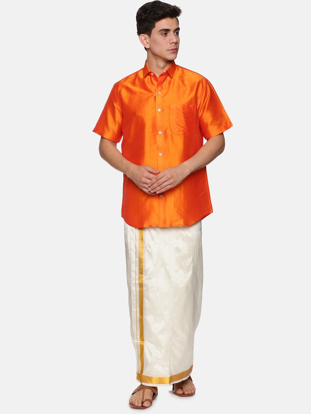 Men Solid Colour Half Sleeve Shirt Pocket Dhoti Angavastram Set