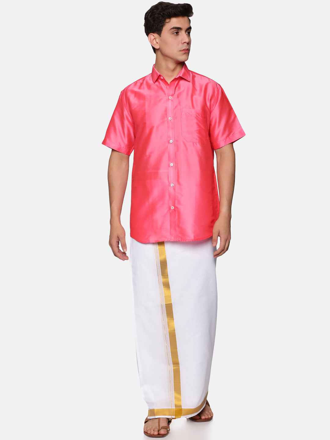 Men Solid Colour Half Sleeve Shirt Pocket Dhoti Set