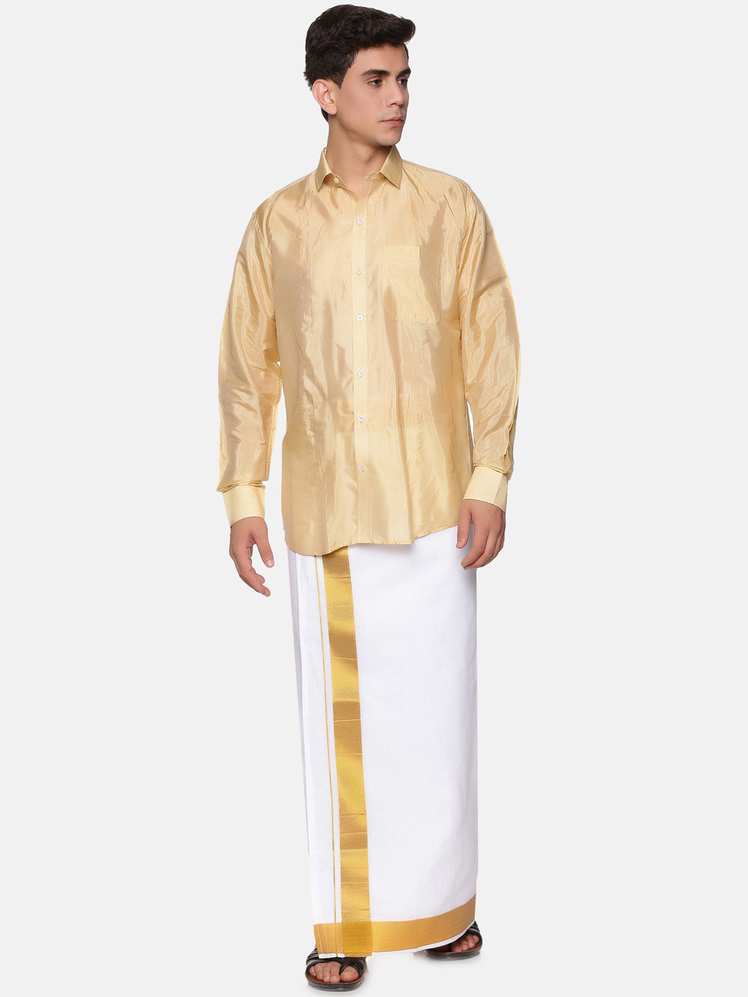 Men Artsilk Full Sleeve Shirt and Cotton Dothi with Angavastram Set