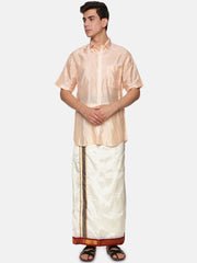 Men Artsilk Half Sleeve Shirt and Contrast Border Pocket Dhoti Set