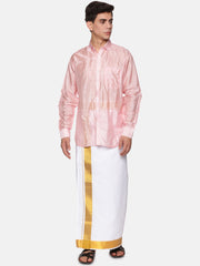 Men Full Sleeve Cream Colour Shirt and Pocket Dhoti Set