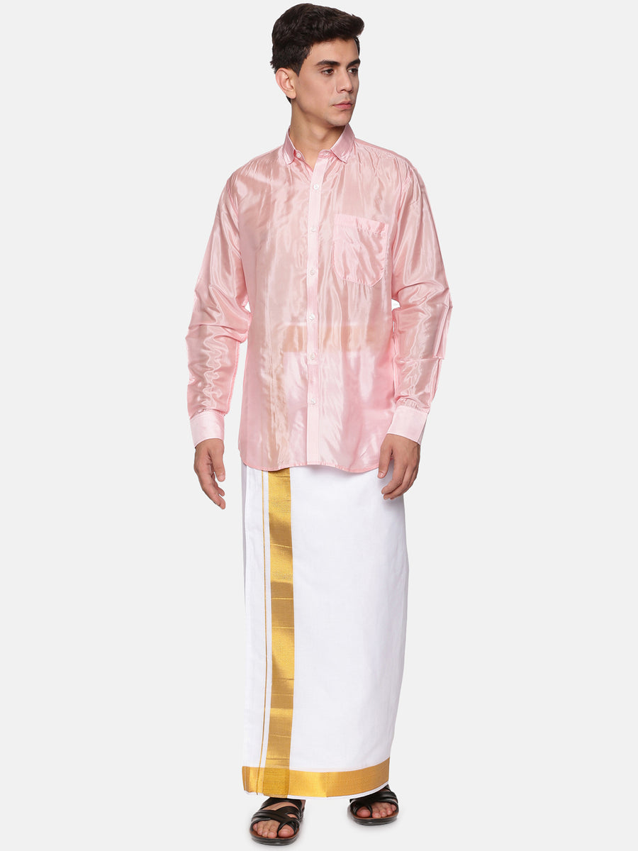 Men Full Sleeve Cream Colour Shirt and Pocket Dhoti Set