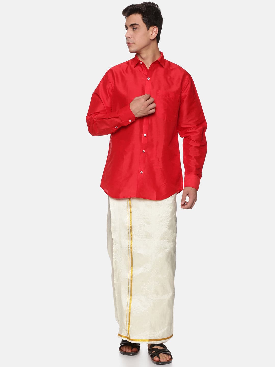 Men Solid Colour Full Sleeve Shirt Pocket Dhoti and Angavastram Set