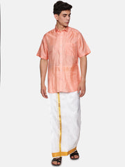 Men Artsilk Shirt and Solid White Ready to Wear Dhoti Set