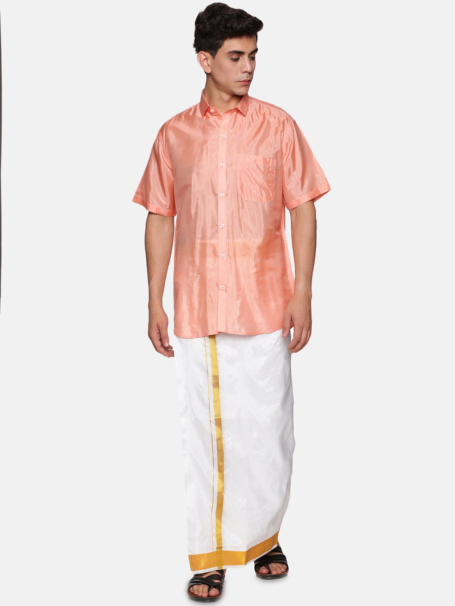 Men Artsilk Shirt and Solid White Ready to Wear Dhoti Set