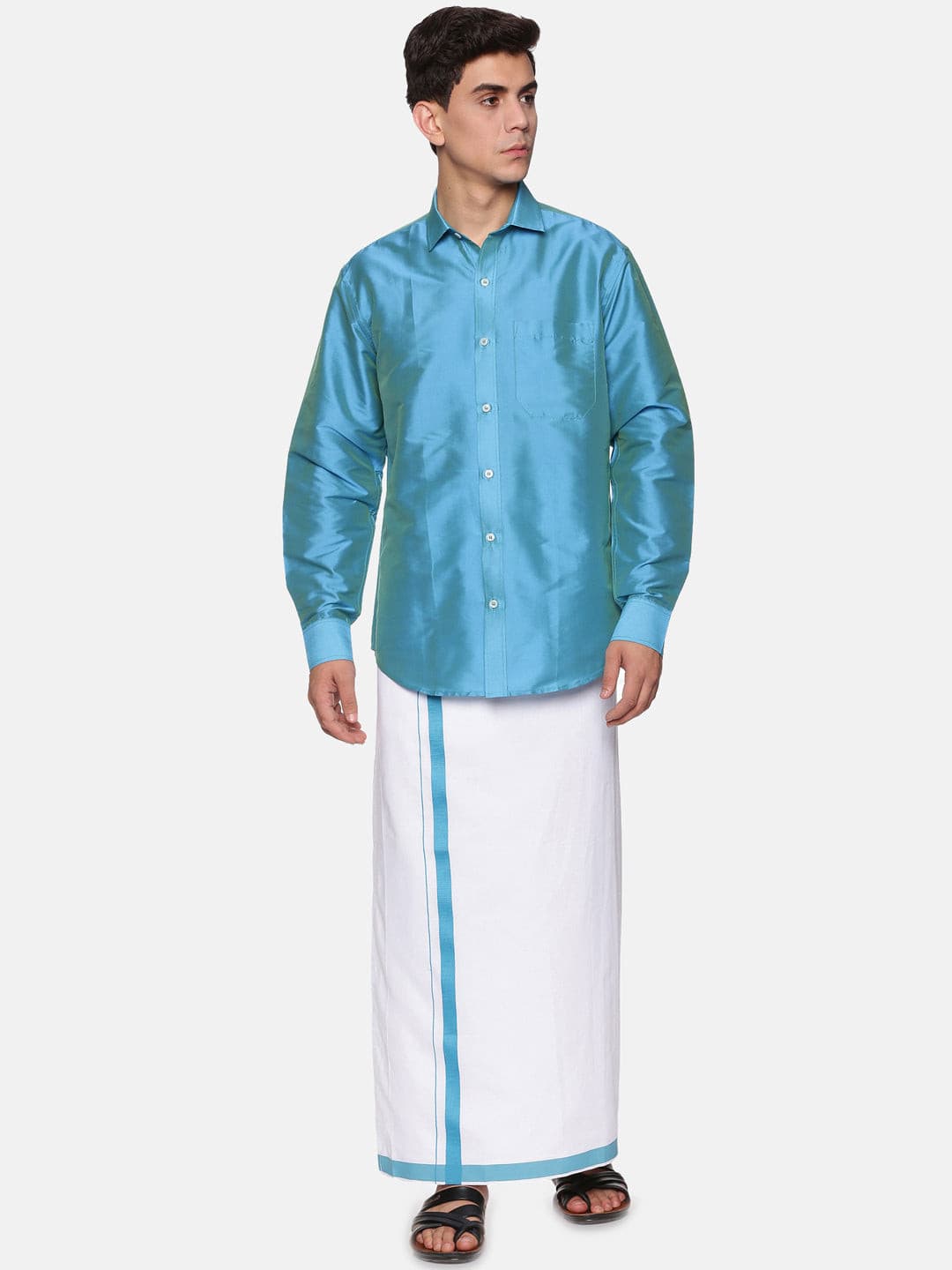 Men Solid Blue Colour Full Sleeve Shirt Pocket Dhoti Set
