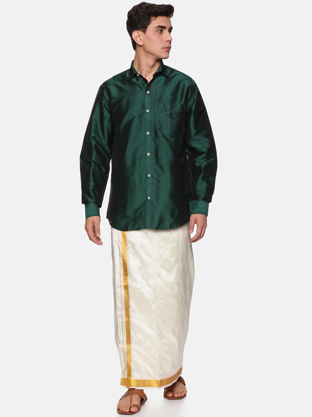 Men Solid Green Colour Full Sleeve Shirt Pocket Dhoti Angavastram Set.