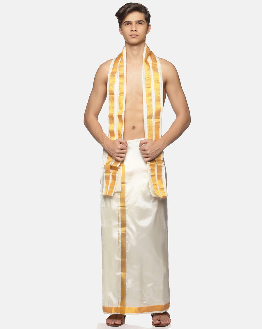 Men Cream Art Silk Readymade Dhoti With Angavastram Set.