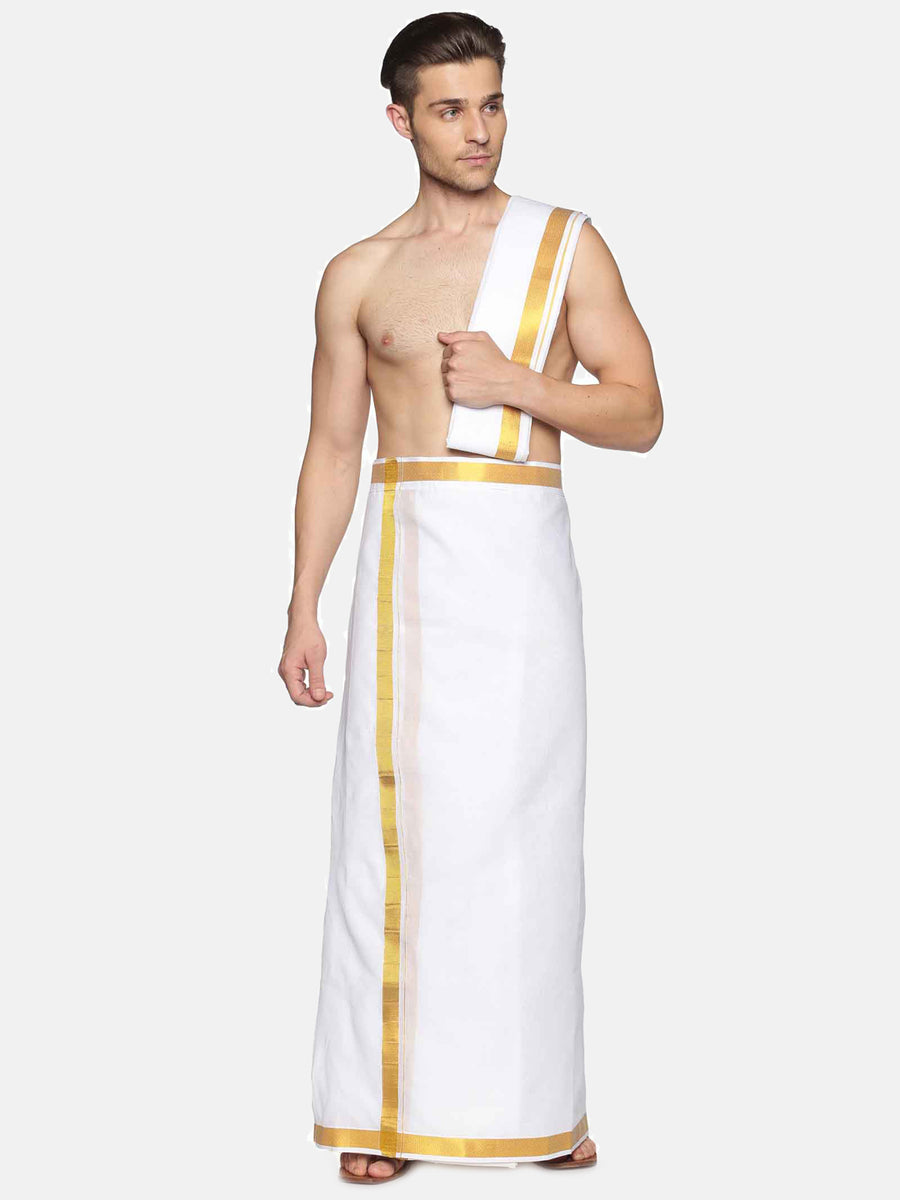 Men White Cotton Readymade Dhoti With Angavastram Set
