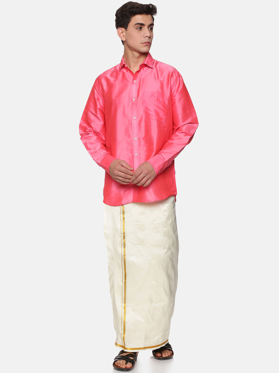 Men Solid Colour Full Sleeve Shirt Pocket Dhoti Set