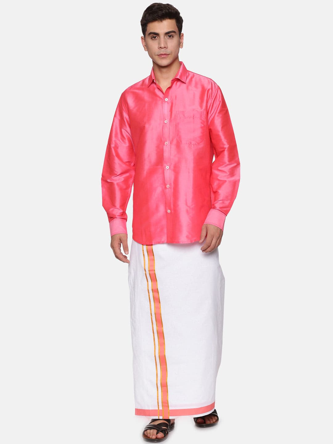 Men Solid Coral Colour Full Sleeve Shirt Pocket Dhoti Set