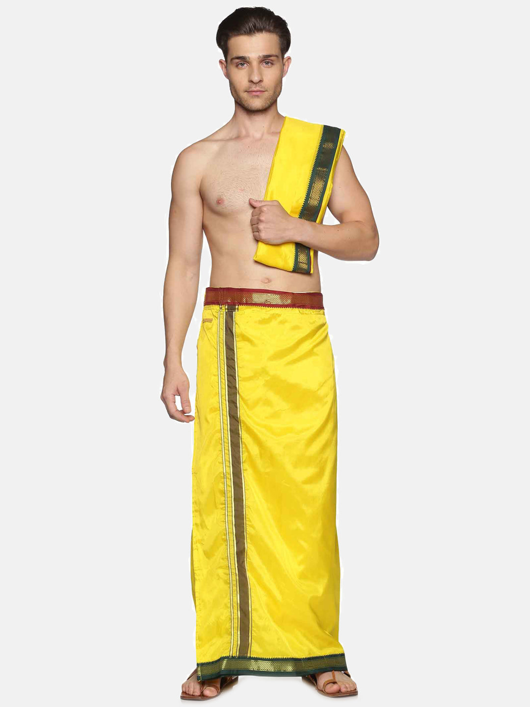 Men Yellow Art Silk Readymade Dhoti With Angavastram Set