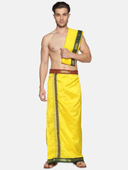 Men Yellow Art Silk Readymade Dhoti With Angavastram Set