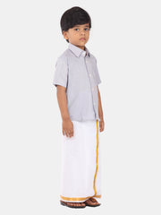 Boys Solid Colour Cotton Readymade Shirt With Dhoti Set
