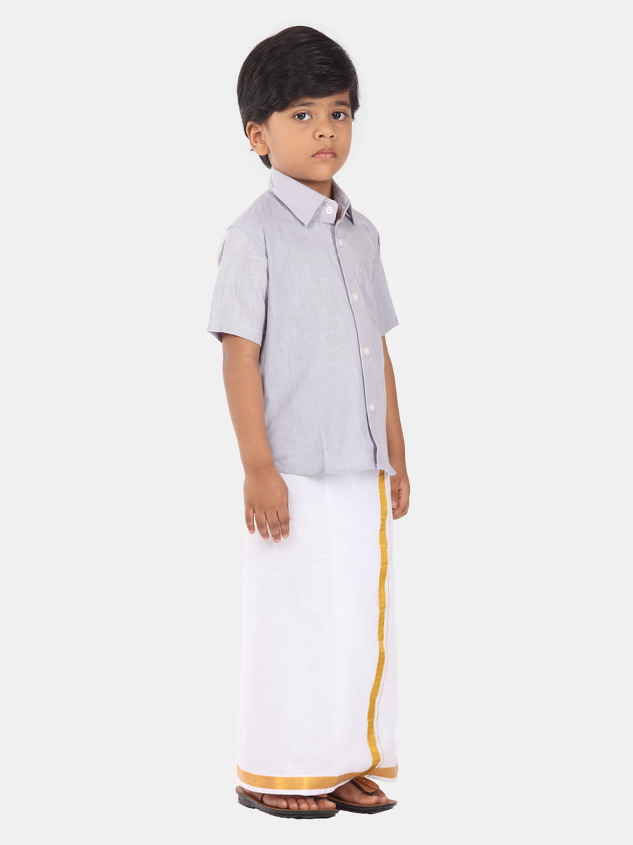 Boys Solid Colour Cotton Readymade Shirt With Dhoti Set