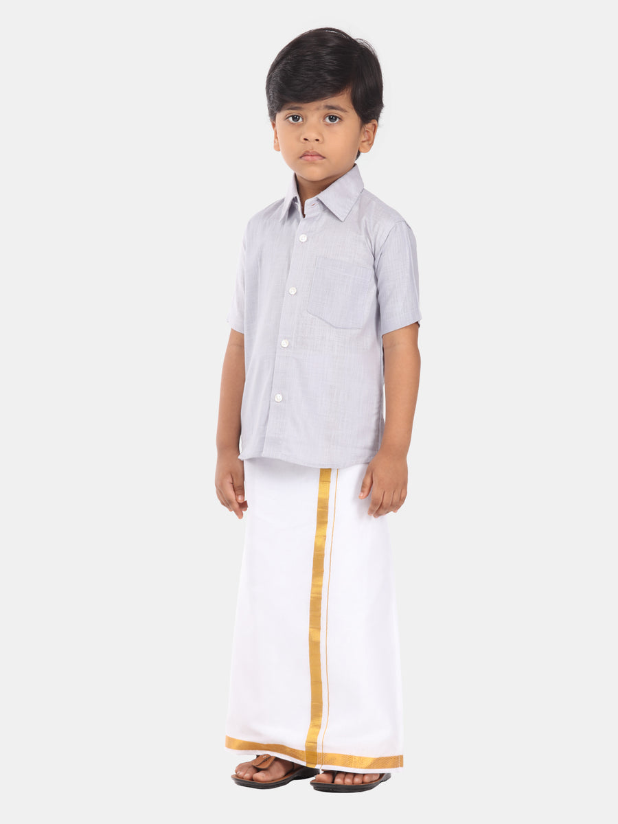 Boys Solid Colour Cotton Readymade Shirt With Dhoti Set