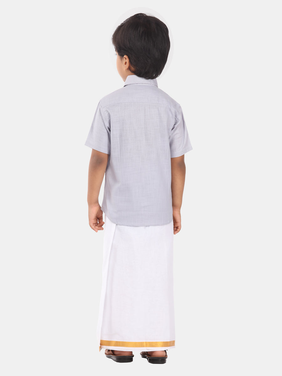 Boys Solid Colour Cotton Readymade Shirt With Dhoti Set