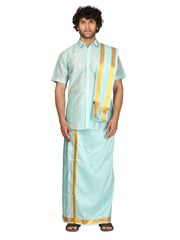 Men Half Sleeve Shirt and Ready to Wear Pocket Dhoti with Angavastram Set