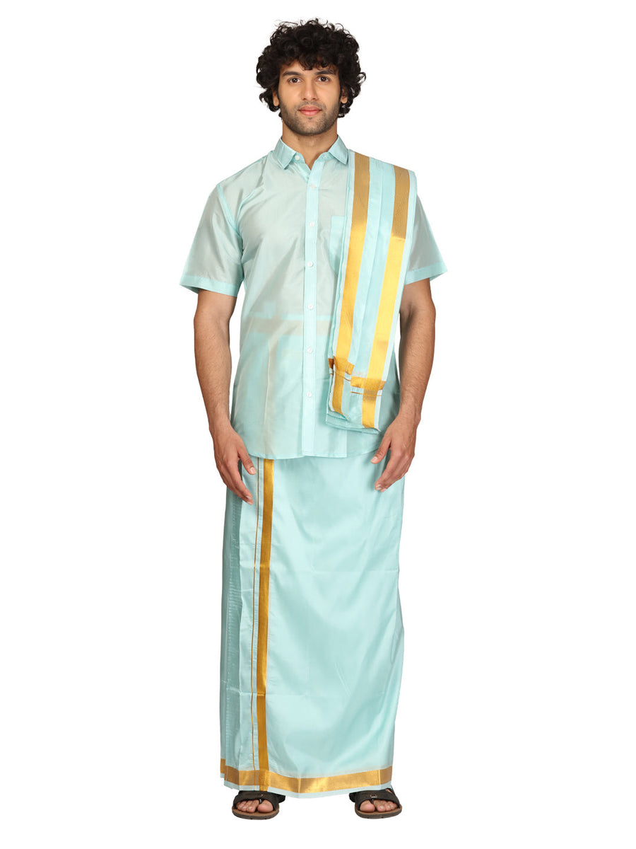Men Half Sleeve Shirt and Ready to Wear Pocket Dhoti with Angavastram Set