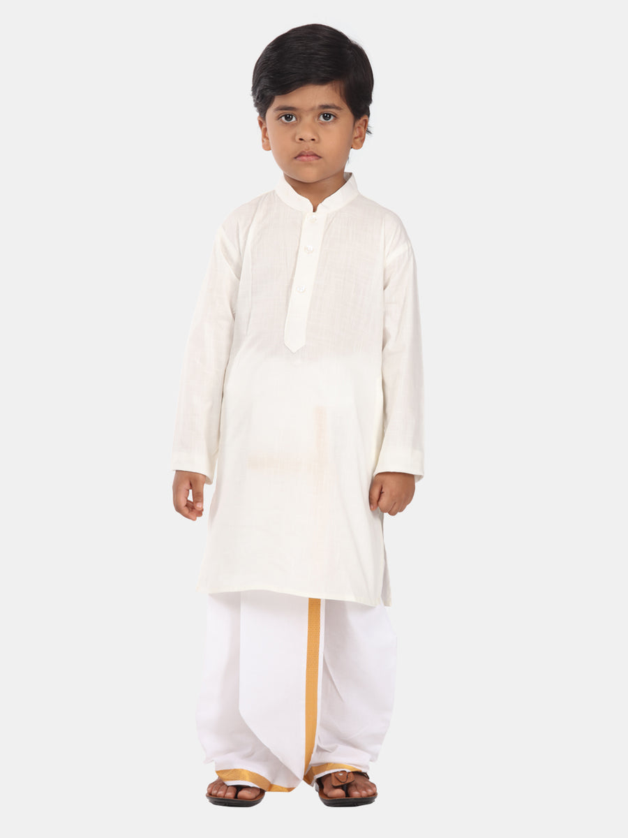 Boys Off White Colour Cotton Kurta Dhoti Pant Set.