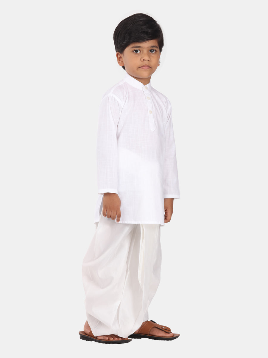 Boys White Colour Cotton Kurta Dhoti Pant Set.
