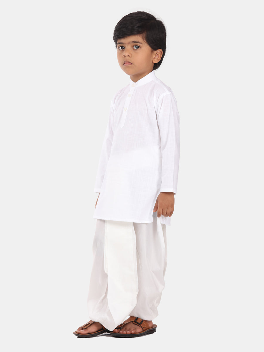 Boys White Colour Cotton Kurta Dhoti Pant Set.