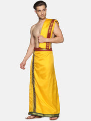 Men Mango Art Silk Readymade Dhoti With Angavastram Set.