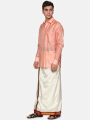 Men Full Sleeve Cream Colour Shirt and Pocket Dhoti Set