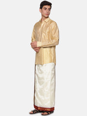 Men Full Sleeve Cream Colour Shirt and Pocket Dhoti Set