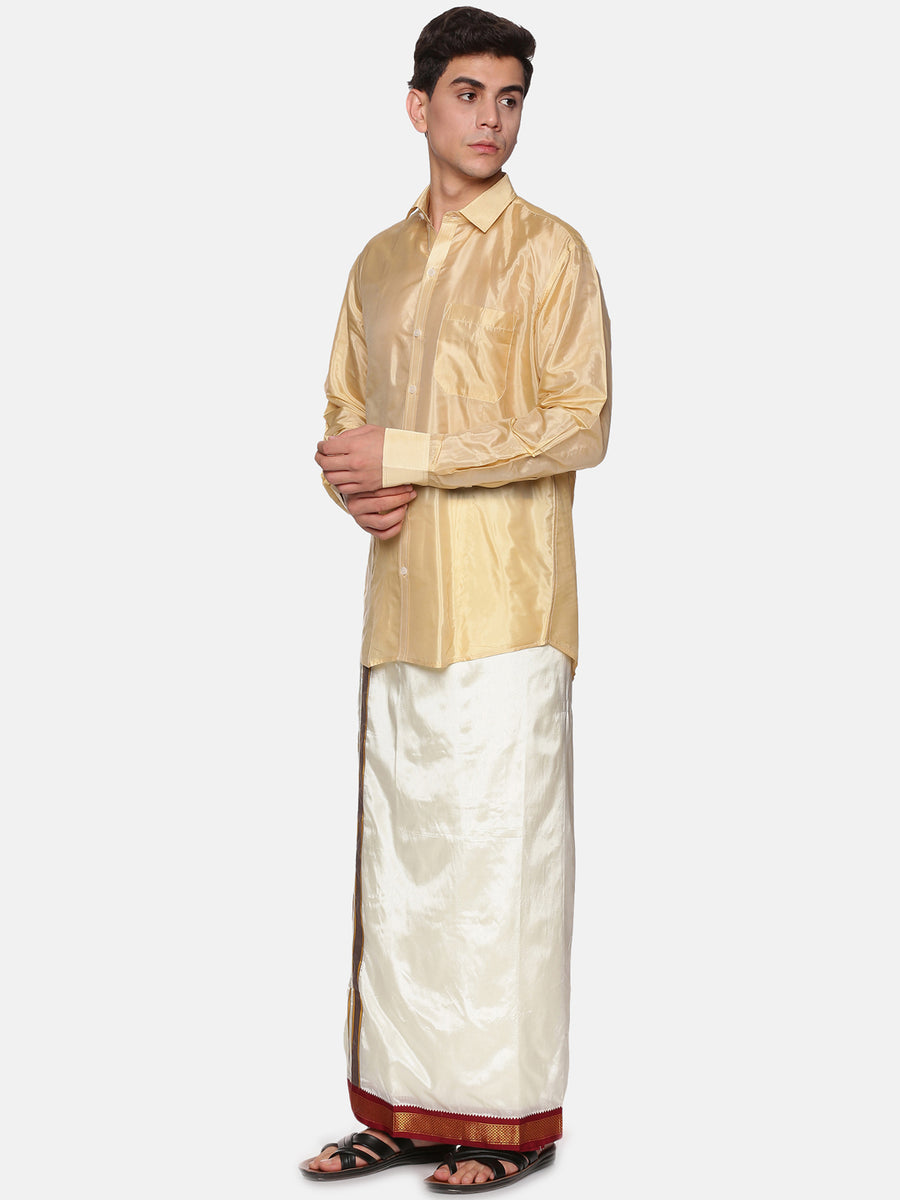 Men Full Sleeve Cream Colour Shirt and Pocket Dhoti Set