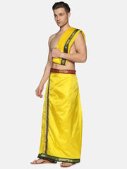Men Yellow Art Silk Readymade Dhoti With Angavastram Set.