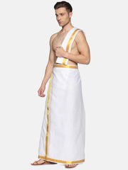 Men White Cotton Readymade Dhoti With Angavastram Set.