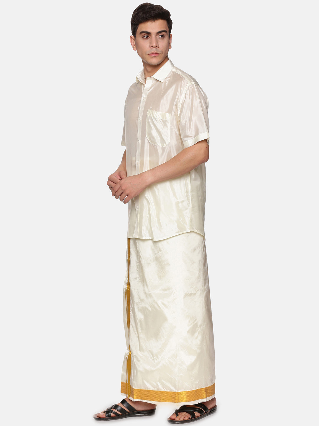 Men Artsilk Half Sleeve Shirt and Pocket Dhoti Set