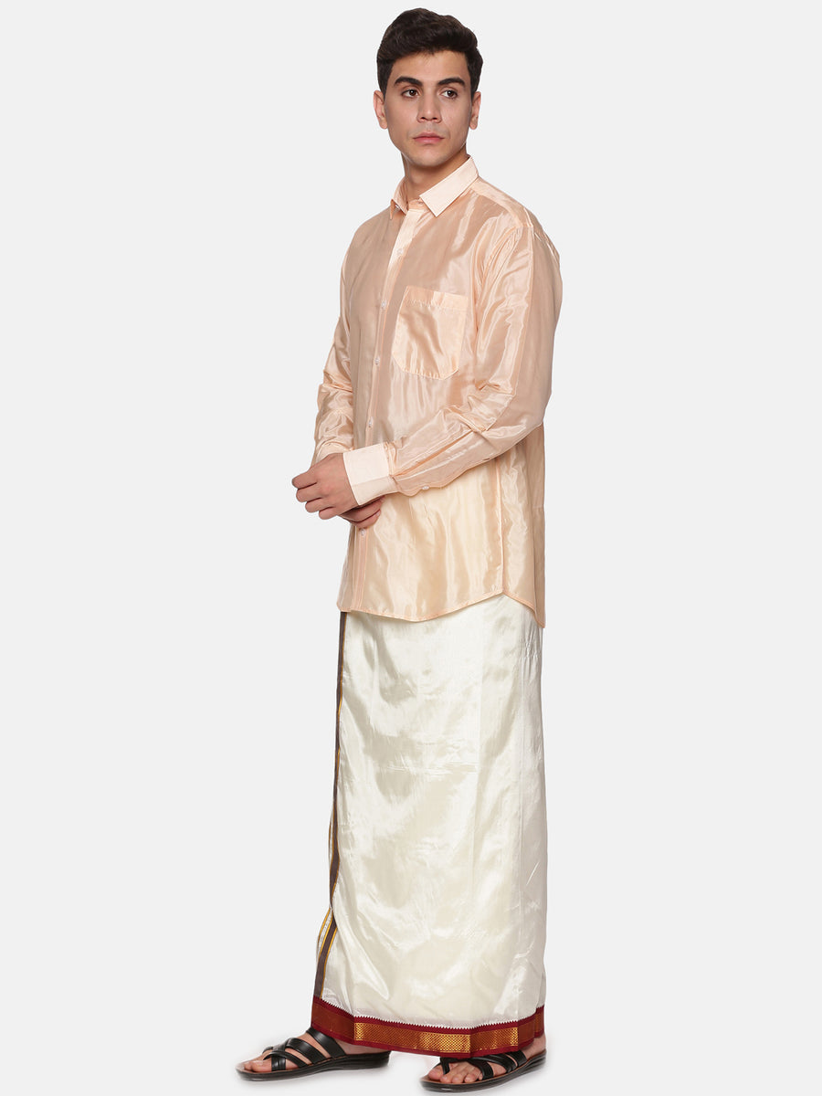 Men Full Sleeve Cream Colour Shirt and Pocket Dhoti Set