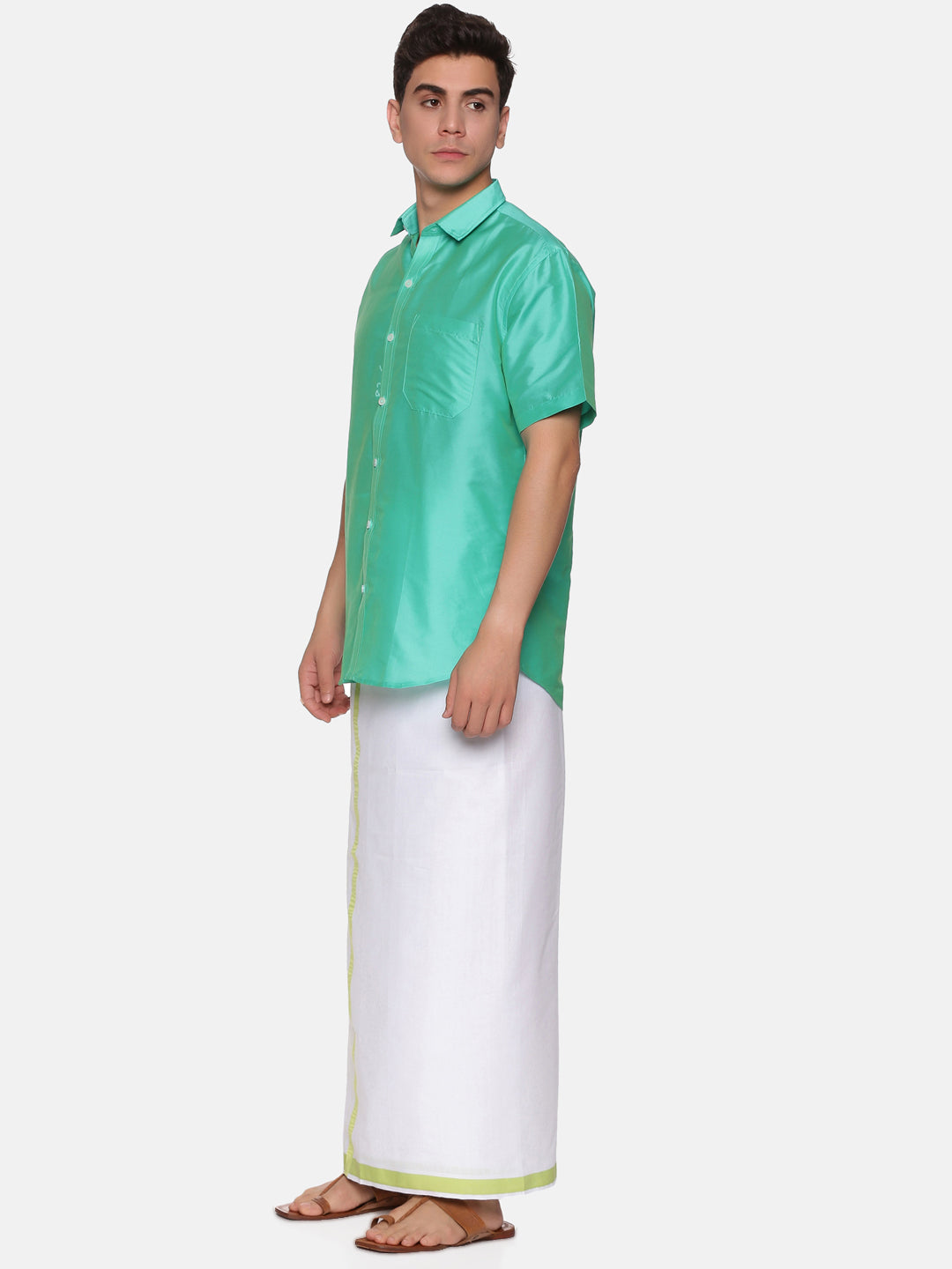 Men Solid Green Colour Half Sleeve Shirt Pocket Dhoti Set