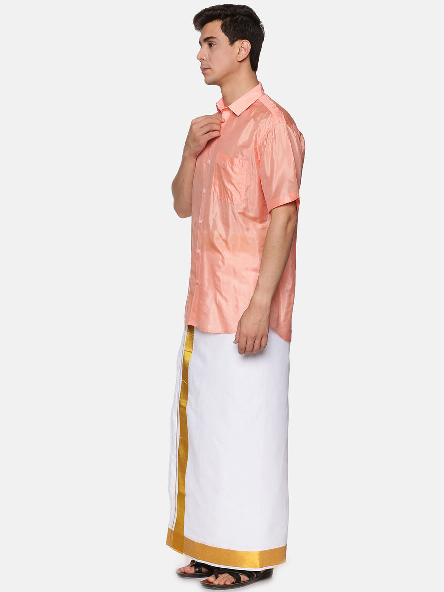 Mens Art Silk Peach Shirt With White Dhoti And Angavastram.