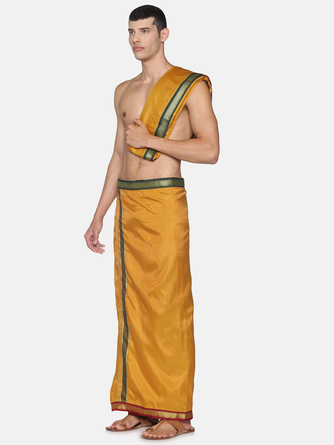 Men Mastard Art Silk Readymade Dhoti With Angavastram Set.