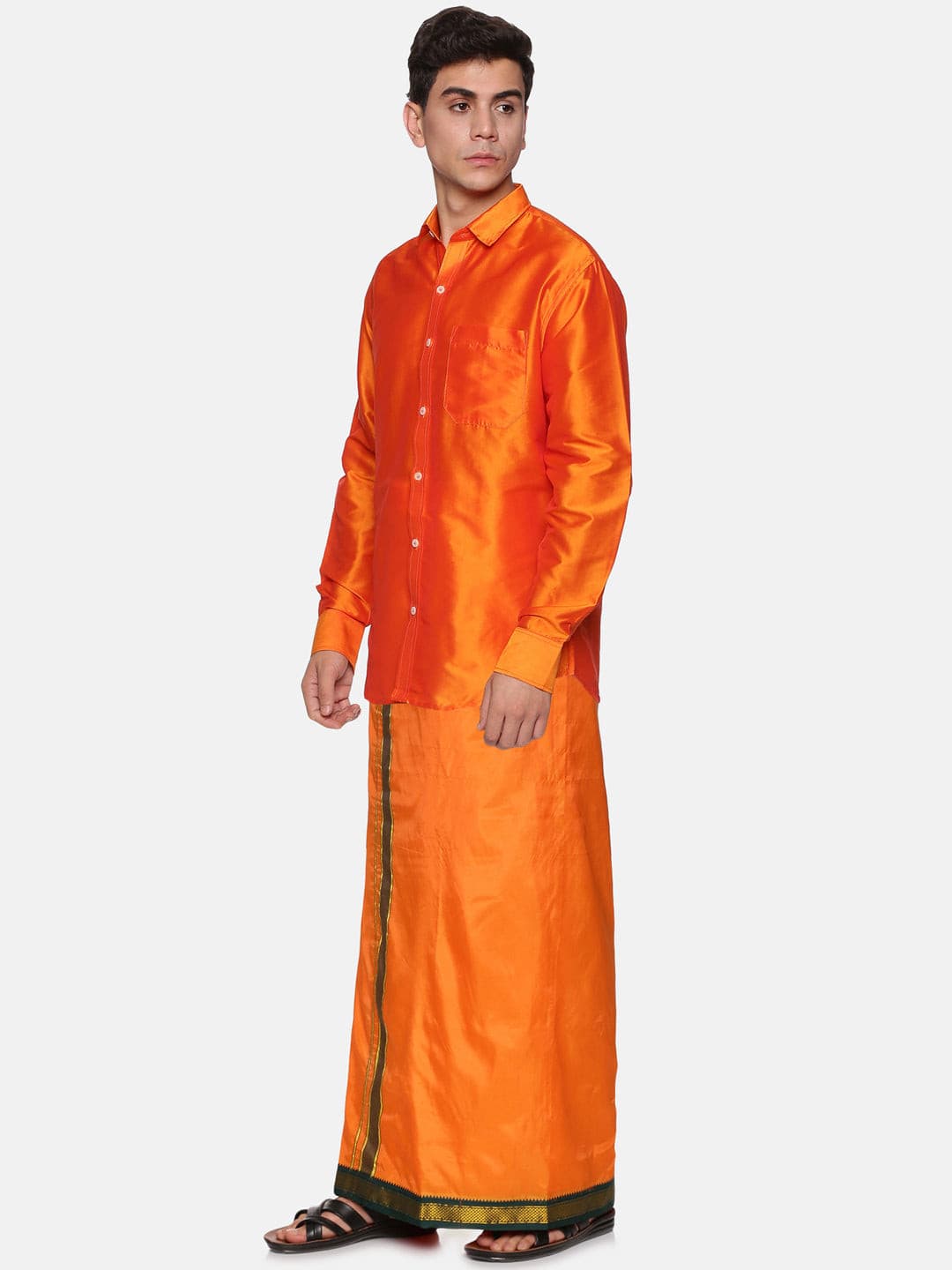 Men Solid Orange Colour Full Sleeve Shirt Pocket Dhoti Set.