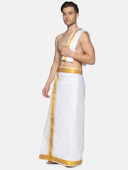 Men White Cotton Readymade Dhoti With Angavastram Set.