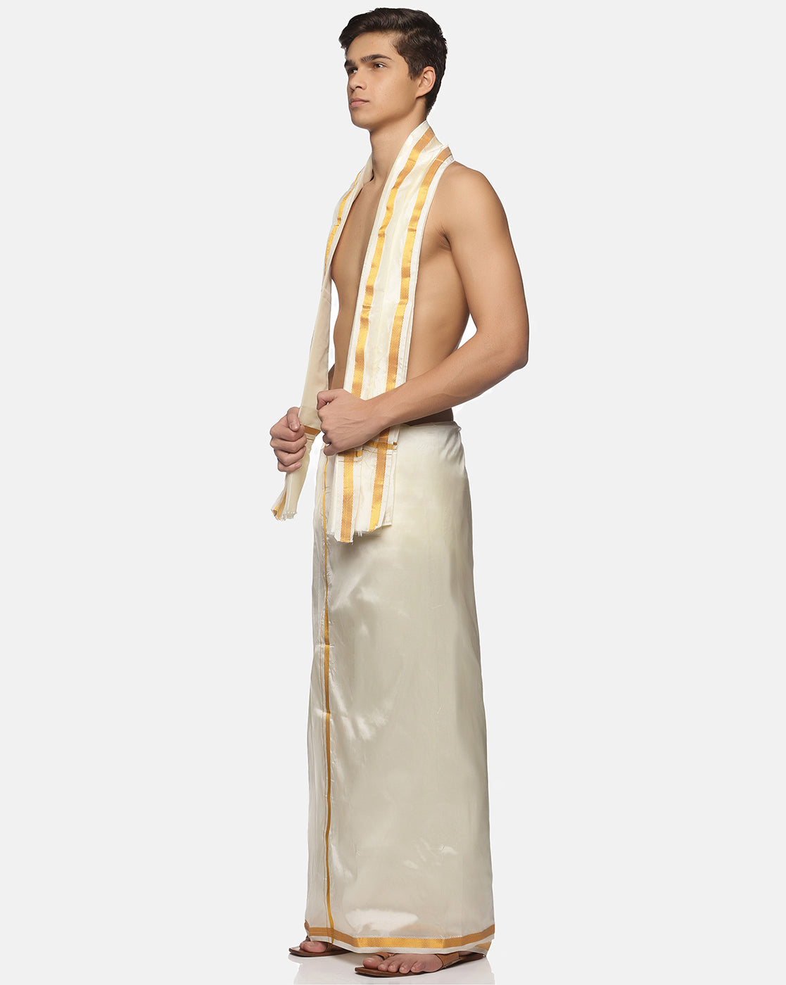 Men Cream Art Silk Readymade Dhoti With Angavastram Set.