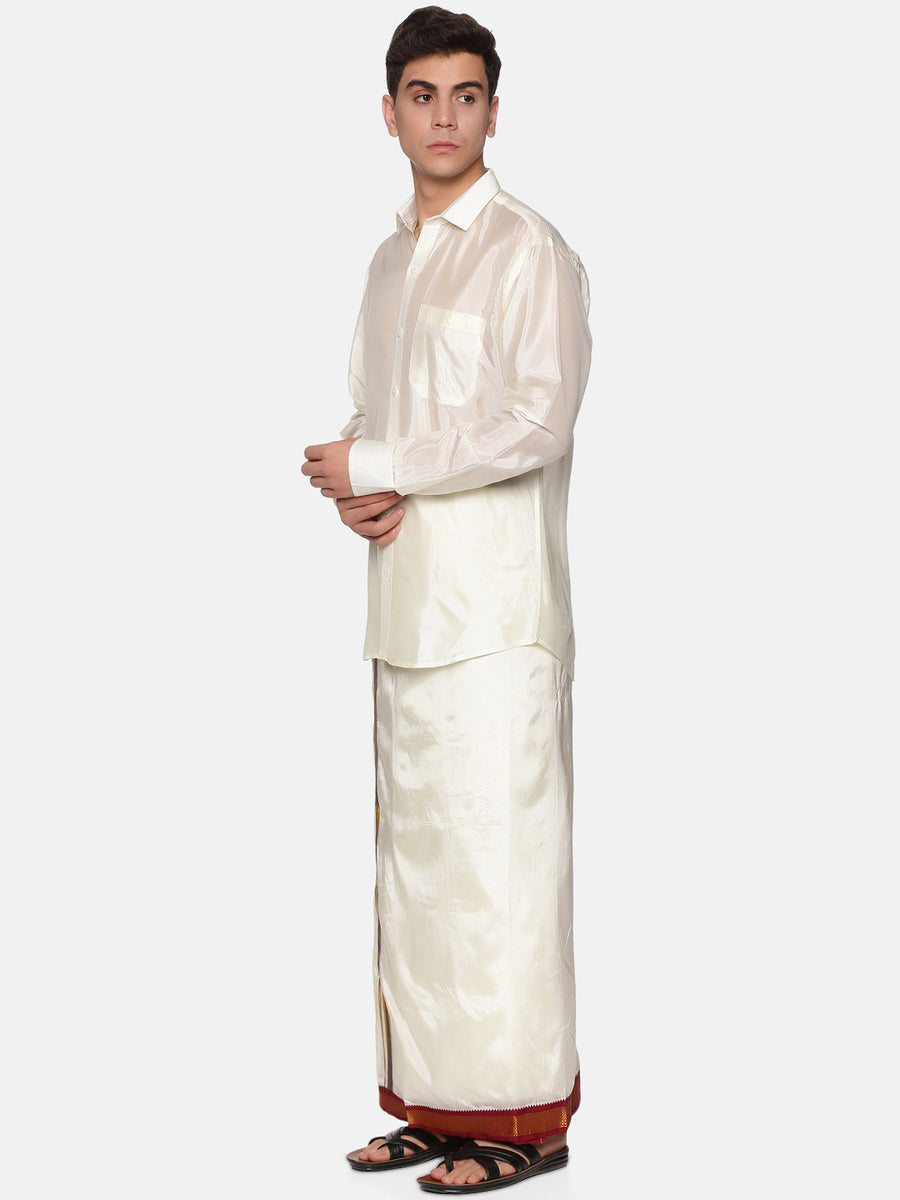 Mens Artsilk Full Sleeve Shirt with Cream Dhoti and Angavastram Set