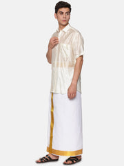 Men Artsilk Shirt and Solid White Ready to Wear Cotton Dhoti Set