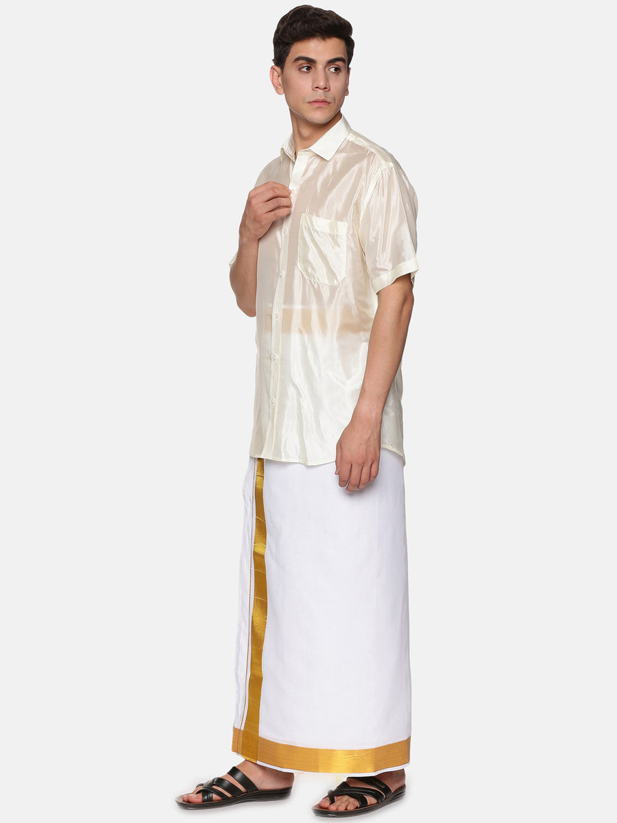 Men Artsilk Shirt and Solid White Ready to Wear Cotton Dhoti Set